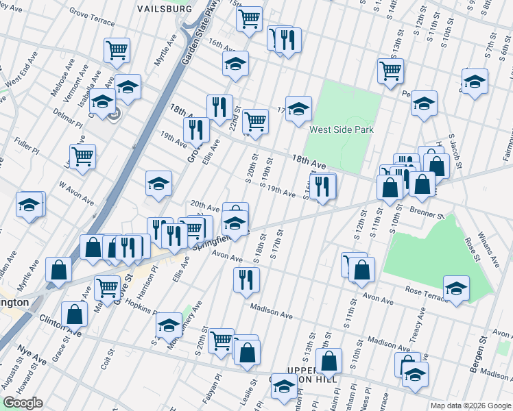 map of restaurants, bars, coffee shops, grocery stores, and more near 731 South 18th Street in Newark