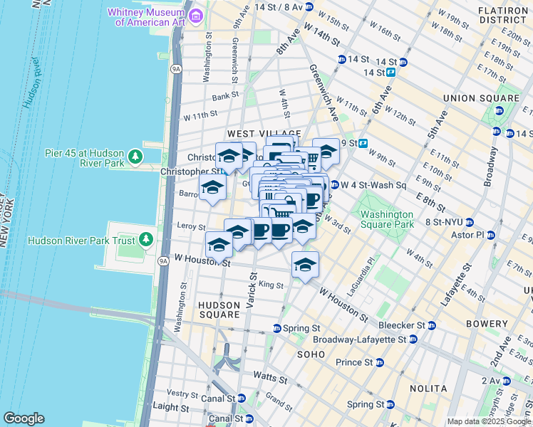 map of restaurants, bars, coffee shops, grocery stores, and more near 28 Morton Street in New York