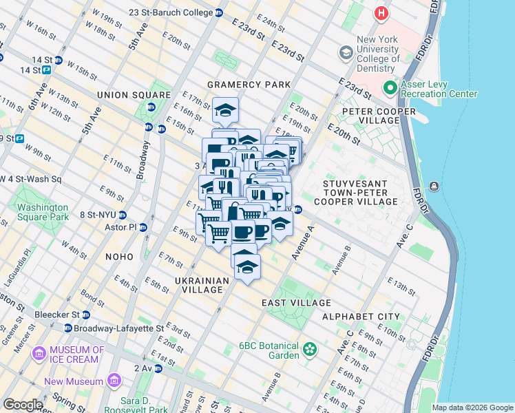map of restaurants, bars, coffee shops, grocery stores, and more near East 13th Street in New York