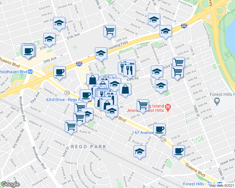 map of restaurants, bars, coffee shops, grocery stores, and more near 98-34 63rd Drive in Queens