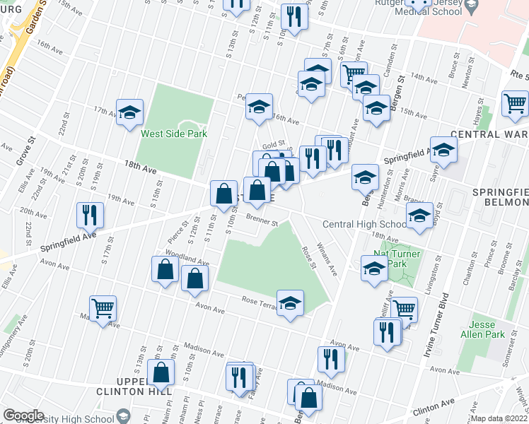 map of restaurants, bars, coffee shops, grocery stores, and more near 10 Kent Street in Newark