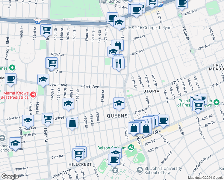 map of restaurants, bars, coffee shops, grocery stores, and more near 174-08 Jewel Avenue in Queens