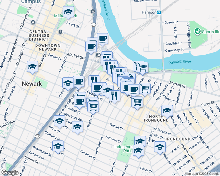 map of restaurants, bars, coffee shops, grocery stores, and more near 65 Prospect Street in Newark