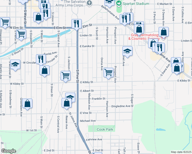 map of restaurants, bars, coffee shops, grocery stores, and more near 640 South Scott Street in Lima
