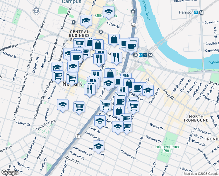 map of restaurants, bars, coffee shops, grocery stores, and more near 102 Green St in Newark