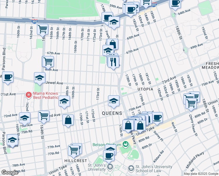 map of restaurants, bars, coffee shops, grocery stores, and more near 174-20 Jewel Avenue in Queens