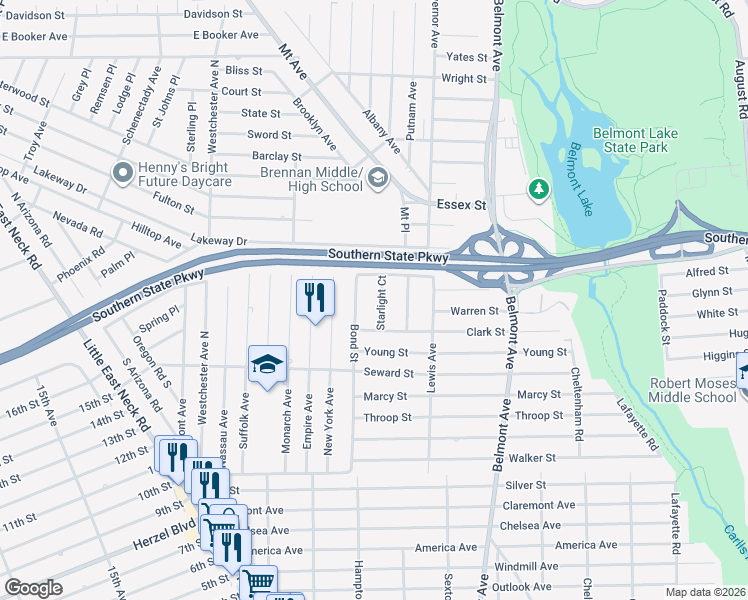 map of restaurants, bars, coffee shops, grocery stores, and more near 14 Starlight Court in West Babylon