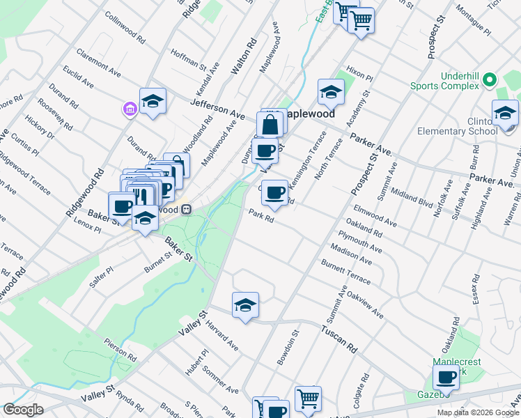 map of restaurants, bars, coffee shops, grocery stores, and more near 9 Park Road in Maplewood