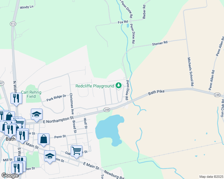 map of restaurants, bars, coffee shops, grocery stores, and more near 3579 Penfield Way in Nazareth