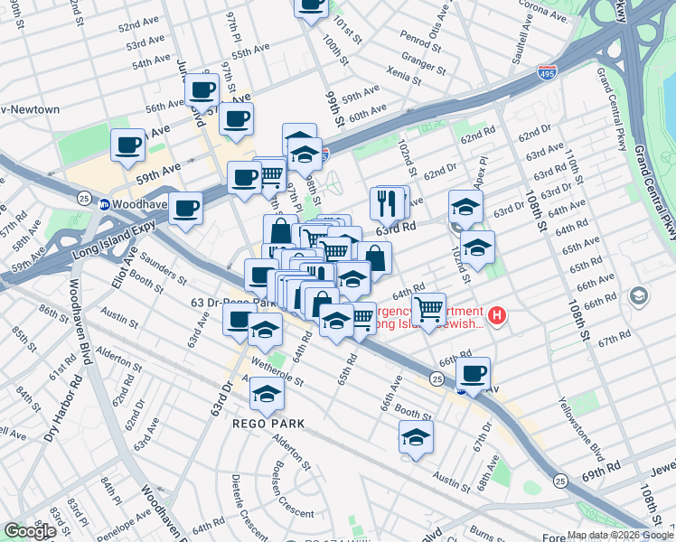 map of restaurants, bars, coffee shops, grocery stores, and more near 98-02 63rd Drive in Queens