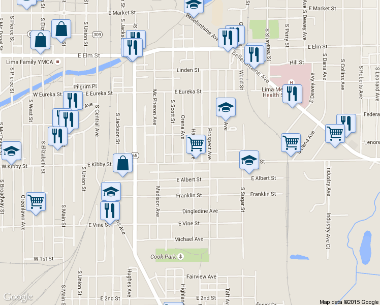 map of restaurants, bars, coffee shops, grocery stores, and more near 656 Harrison Avenue in Lima
