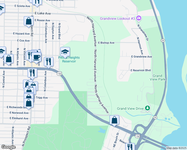 map of restaurants, bars, coffee shops, grocery stores, and more near 3601 North Harvard Avenue in Peoria