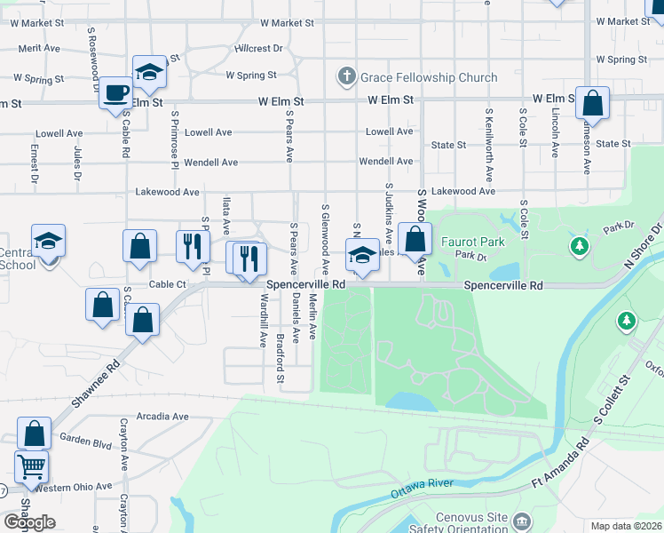 map of restaurants, bars, coffee shops, grocery stores, and more near 843 South Glenwood Avenue in Lima