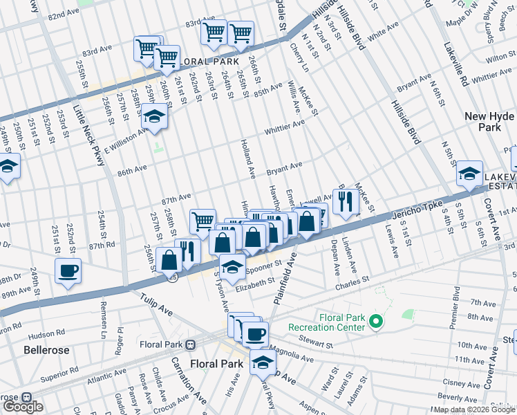 map of restaurants, bars, coffee shops, grocery stores, and more near 38 Holland Avenue in Floral Park