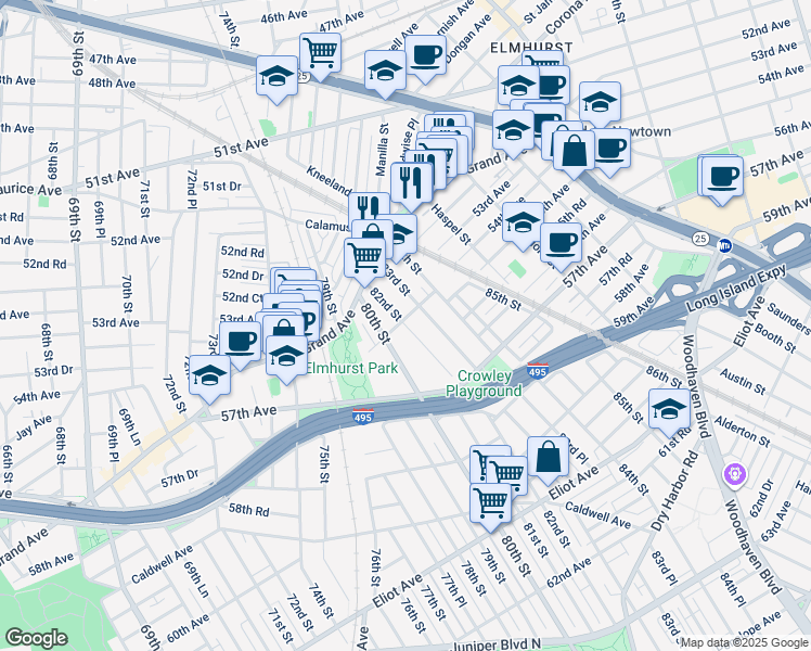 map of restaurants, bars, coffee shops, grocery stores, and more near 82nd Street in Queens