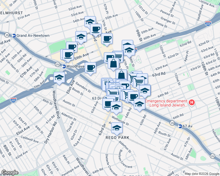 map of restaurants, bars, coffee shops, grocery stores, and more near 96-24 Junction Boulevard in Queens