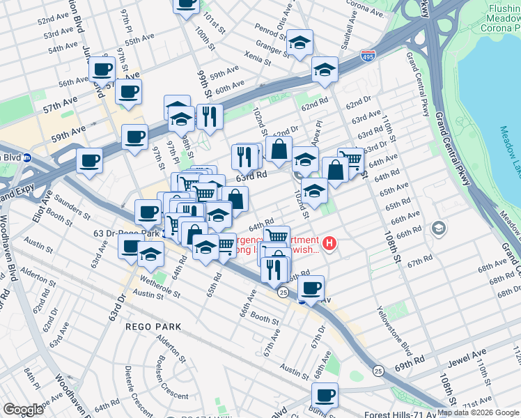 map of restaurants, bars, coffee shops, grocery stores, and more near 99-36 64th Avenue in Queens
