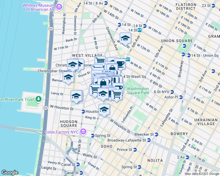 map of restaurants, bars, coffee shops, grocery stores, and more near 6th Ave & W 3rd St in New York