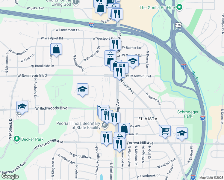 map of restaurants, bars, coffee shops, grocery stores, and more near 3602 North Rockwood Road in Peoria