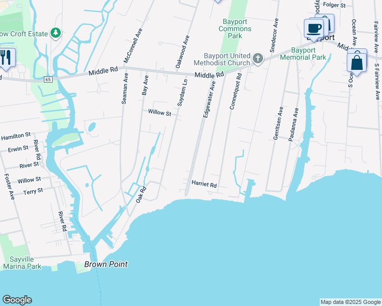 map of restaurants, bars, coffee shops, grocery stores, and more near 198 Edgewater Avenue in Bayport