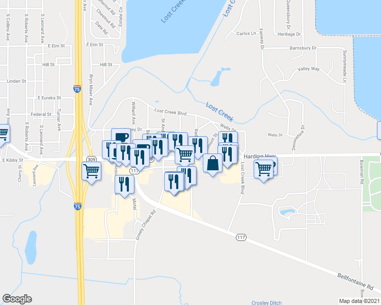 map of restaurants, bars, coffee shops, grocery stores, and more near 2131 Harding Highway in Lima