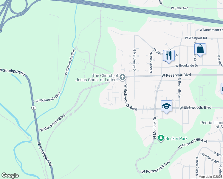 map of restaurants, bars, coffee shops, grocery stores, and more near 3815 Buena Vista Court in Peoria