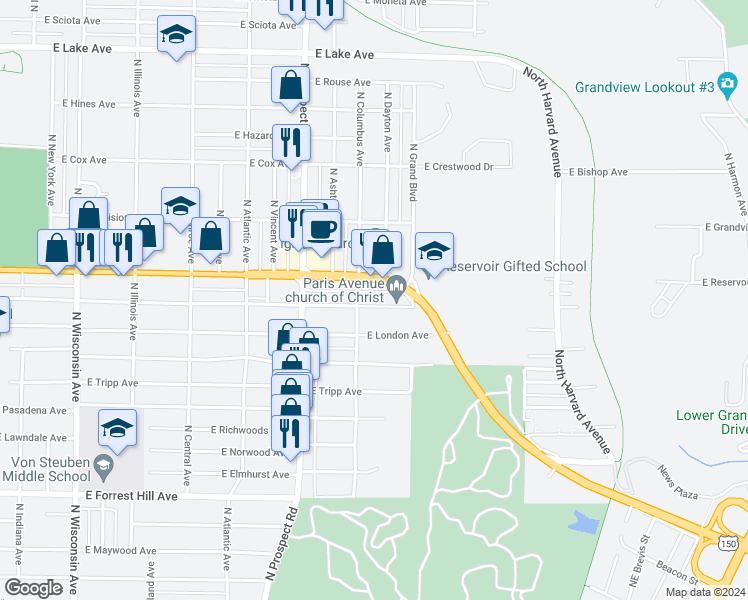 map of restaurants, bars, coffee shops, grocery stores, and more near 1433 East Paris Avenue in Peoria