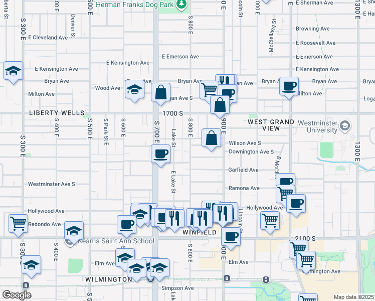 map of restaurants, bars, coffee shops, grocery stores, and more near 1804 800 East in Salt Lake City