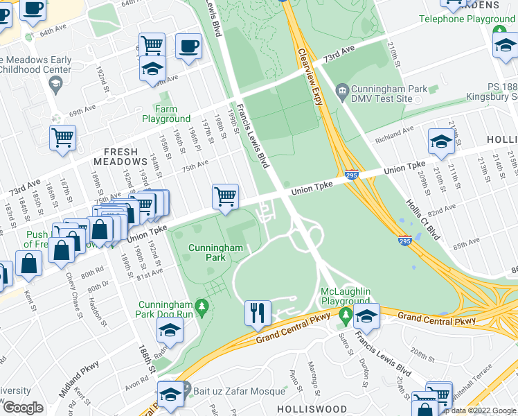 map of restaurants, bars, coffee shops, grocery stores, and more near 18910 Union Turnpike in Queens