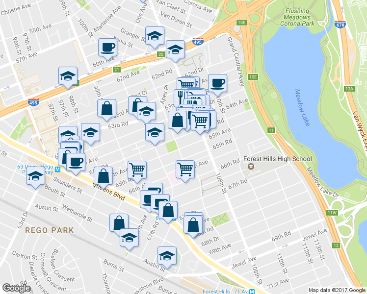 map of restaurants, bars, coffee shops, grocery stores, and more near 1051-10599 65th Avenue in Queens