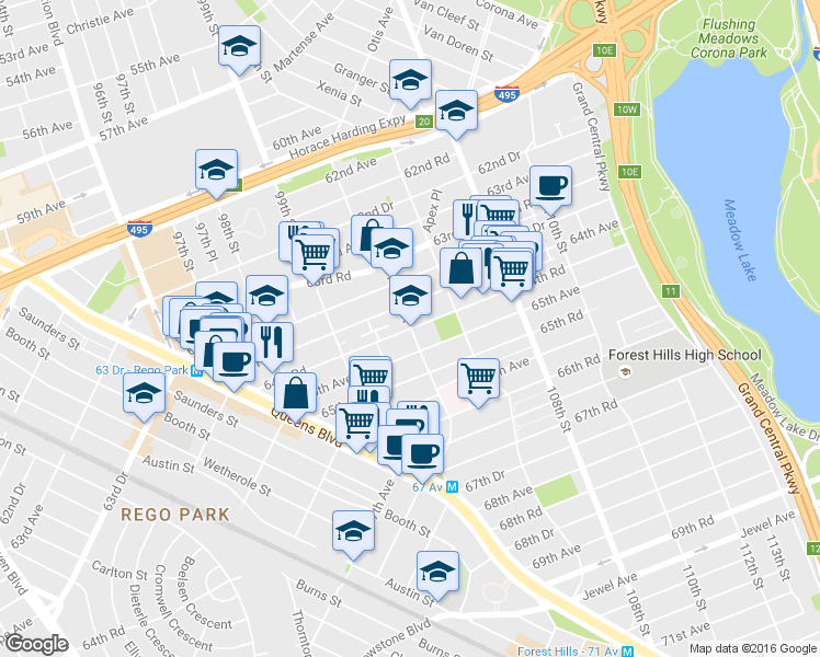 map of restaurants, bars, coffee shops, grocery stores, and more near 102nd Street & 64th Road in Queens