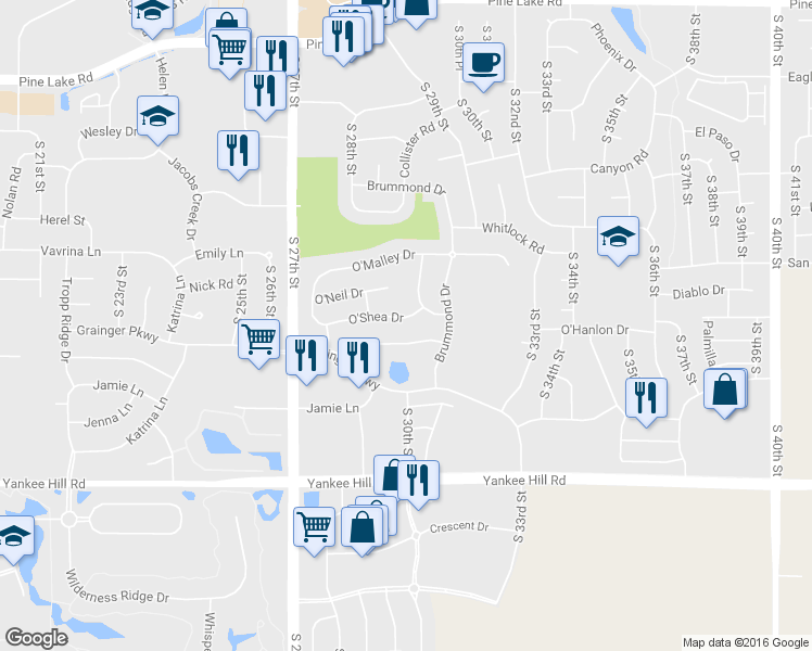 map of restaurants, bars, coffee shops, grocery stores, and more near 3039 O'Shea Dr in Lincoln