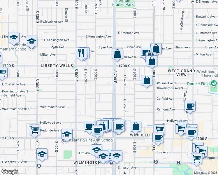 map of restaurants, bars, coffee shops, grocery stores, and more near 1810 700 East in Salt Lake City