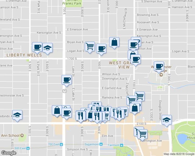 map of restaurants, bars, coffee shops, grocery stores, and more near 1800 900 East in Salt Lake City