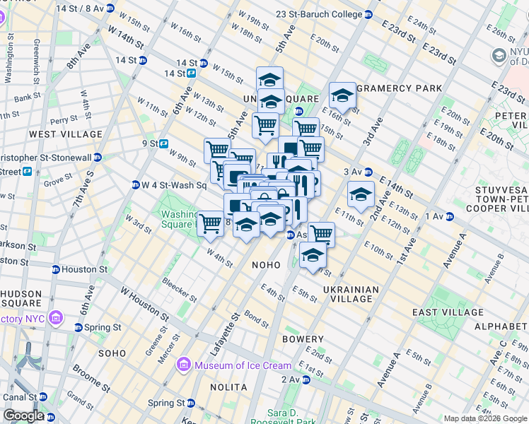map of restaurants, bars, coffee shops, grocery stores, and more near 60 East 9th Street in New York