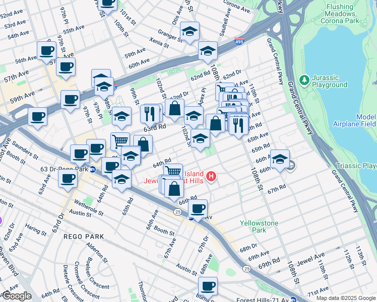 map of restaurants, bars, coffee shops, grocery stores, and more near 99-65 64th Road in Queens