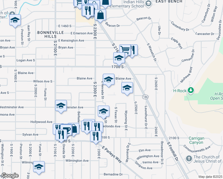 map of restaurants, bars, coffee shops, grocery stores, and more near 2375 Garfield Avenue in Salt Lake City