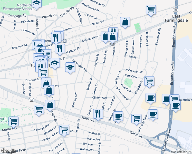 map of restaurants, bars, coffee shops, grocery stores, and more near 386 Secatogue Avenue in Farmingdale