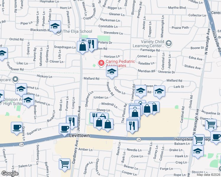 map of restaurants, bars, coffee shops, grocery stores, and more near 6 Shepherd Lane in Levittown