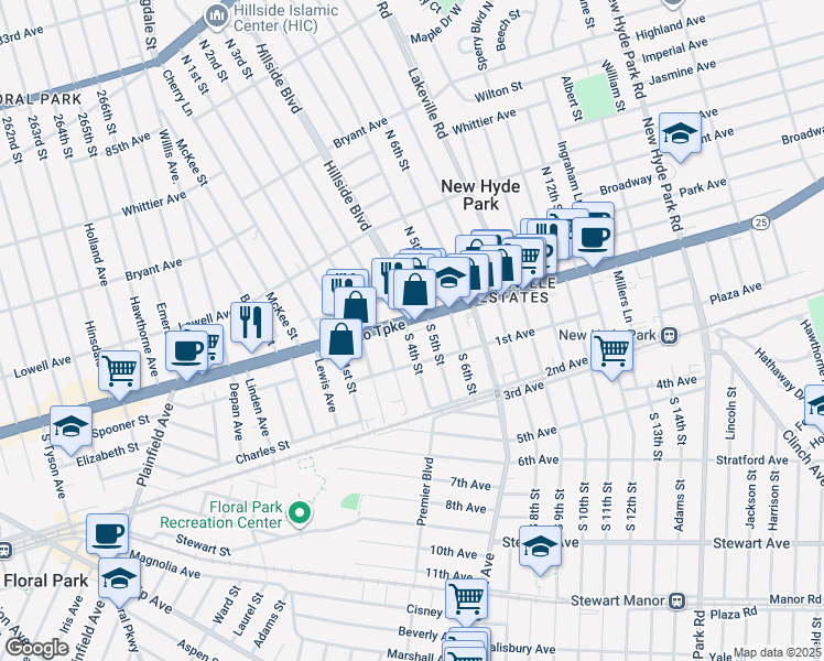 map of restaurants, bars, coffee shops, grocery stores, and more near 6 South 4th Street in New Hyde Park