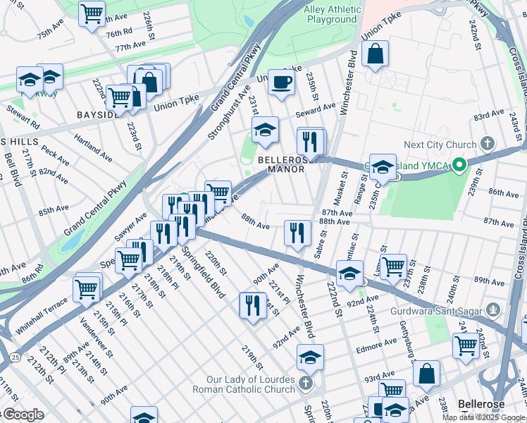 map of restaurants, bars, coffee shops, grocery stores, and more near 22707 88th Avenue in Queens