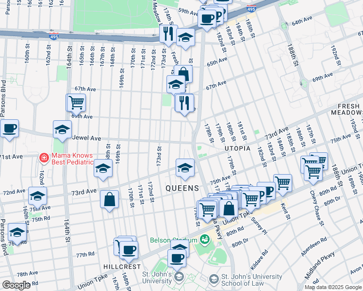 map of restaurants, bars, coffee shops, grocery stores, and more near 174-08 Jewel Avenue in Queens