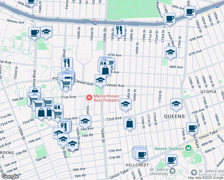 map of restaurants, bars, coffee shops, grocery stores, and more near 70-22 165th Street in Queens