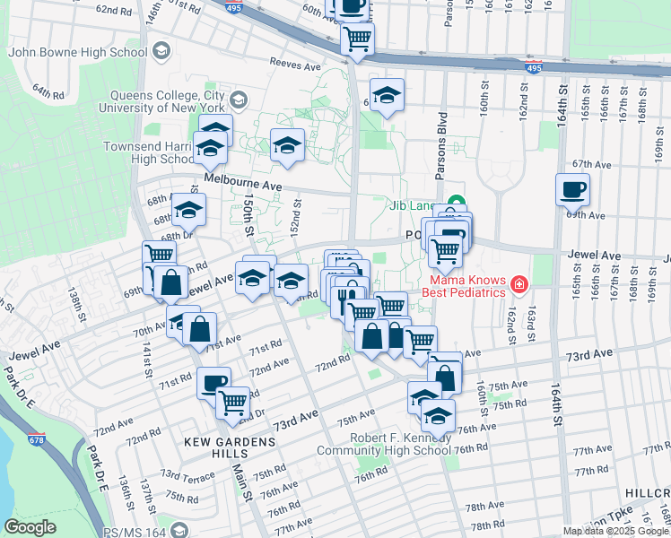 map of restaurants, bars, coffee shops, grocery stores, and more near 70-29 Kissena Boulevard in Queens