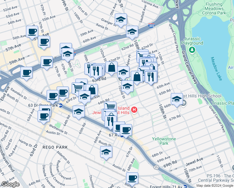 map of restaurants, bars, coffee shops, grocery stores, and more near 99-55 64th Road in Queens