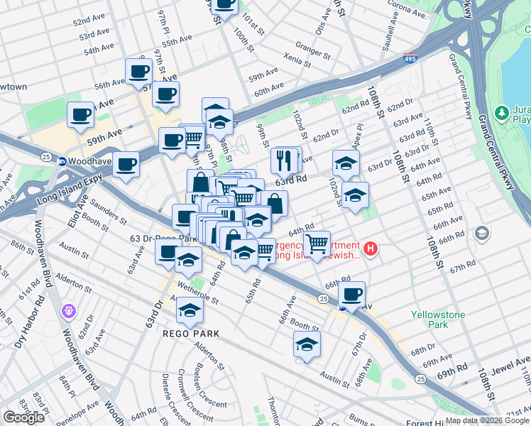 map of restaurants, bars, coffee shops, grocery stores, and more near 98-02 63rd Drive in Queens