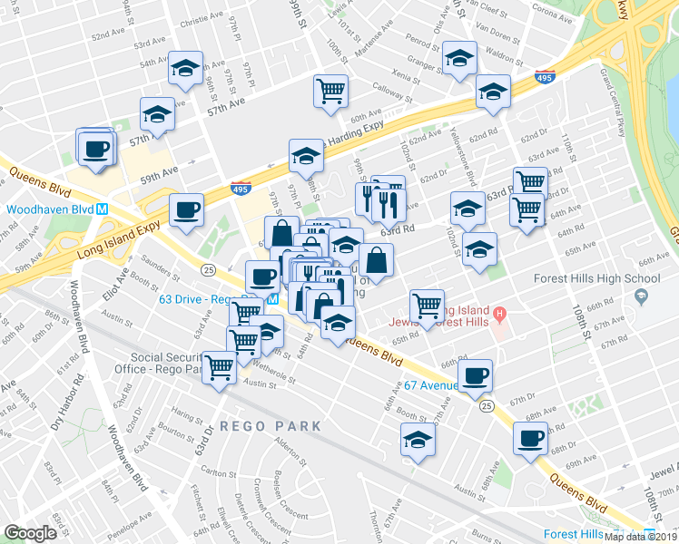 map of restaurants, bars, coffee shops, grocery stores, and more near 98-02 63rd Drive in Queens