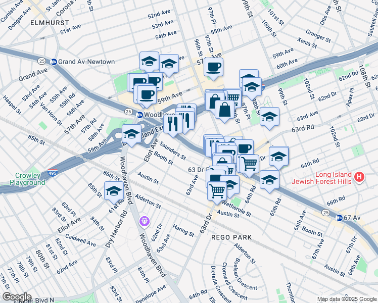 map of restaurants, bars, coffee shops, grocery stores, and more near 93-30 Queens Boulevard in Queens
