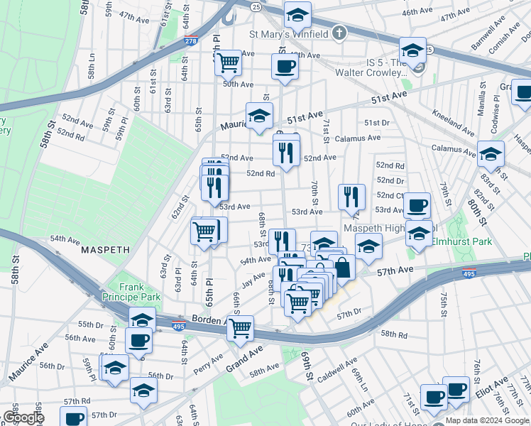 map of restaurants, bars, coffee shops, grocery stores, and more near 53-12 68th Street in Queens