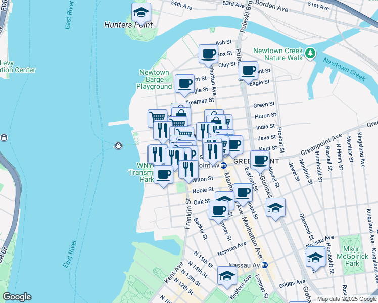 map of restaurants, bars, coffee shops, grocery stores, and more near 170 Franklin Street in Brooklyn